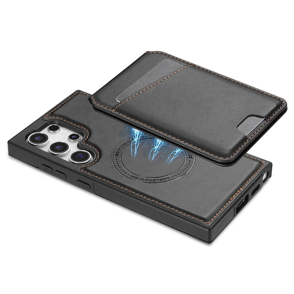 For Samsung Galaxy S25 Ultra Magnetic Case Detachable Card Holder Kickstand Leather Phone Back Cover - Black - 7
