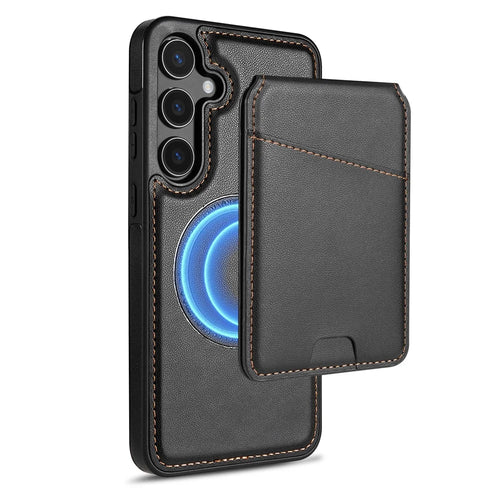For Samsung Galaxy S25+ Magnetic Case Detachable Card Holder Kickstand Leather Phone Back Cover - Black - 1