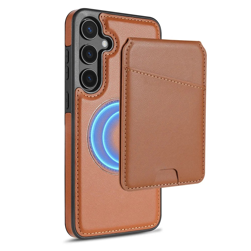 For Samsung Galaxy S24 FE Magnetic Case Detachable Card Holder Kickstand Leather Phone Back Cover - Brown - 1