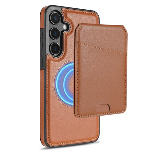For Samsung Galaxy S24 FE Magnetic Case Detachable Card Holder Kickstand Leather Phone Back Cover - Brown - 1