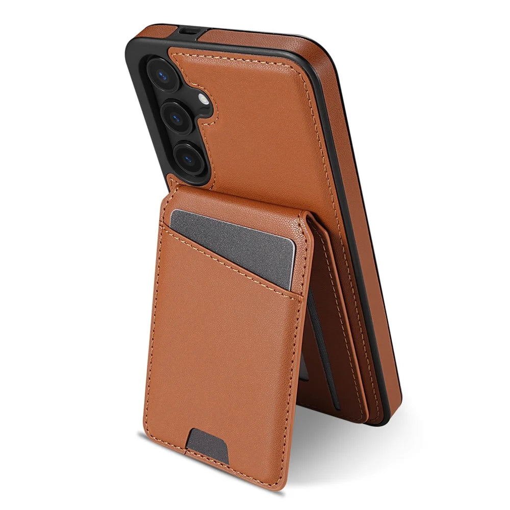 For Samsung Galaxy S24 FE Magnetic Case Detachable Card Holder Kickstand Leather Phone Back Cover - Brown - 3