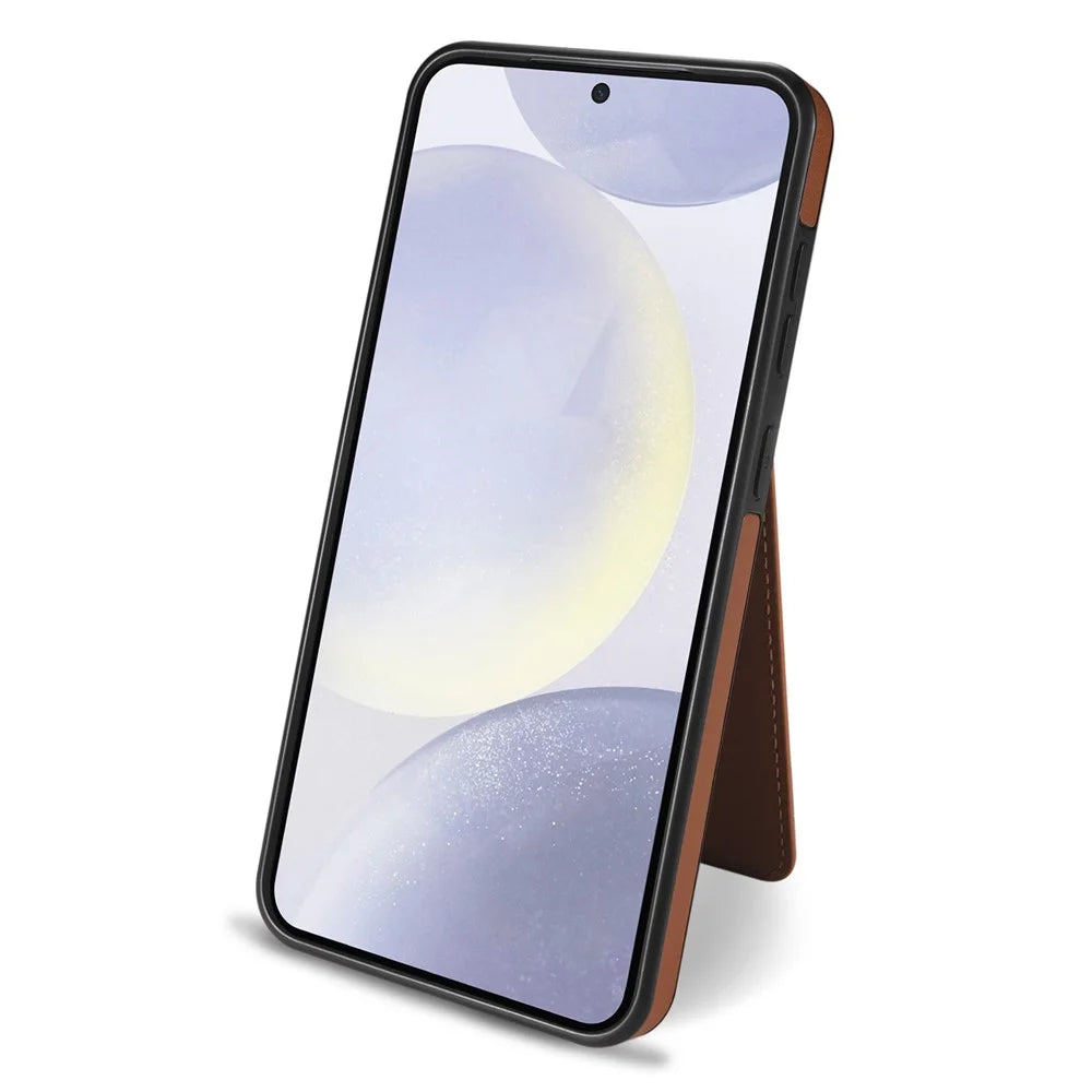 For Samsung Galaxy S24 FE Magnetic Case Detachable Card Holder Kickstand Leather Phone Back Cover - Brown - 4