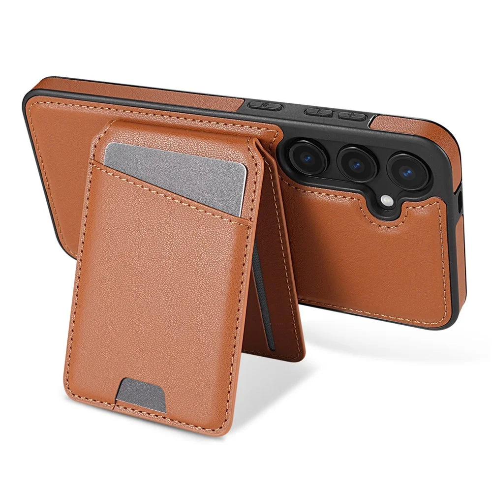For Samsung Galaxy S24 FE Magnetic Case Detachable Card Holder Kickstand Leather Phone Back Cover - Brown - 5