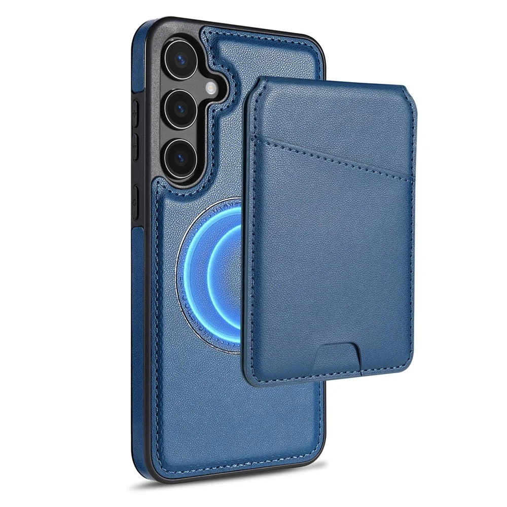 For Samsung Galaxy S24 Magnetic Case Detachable Card Holder Kickstand Leather Phone Back Cover - Blue - 1