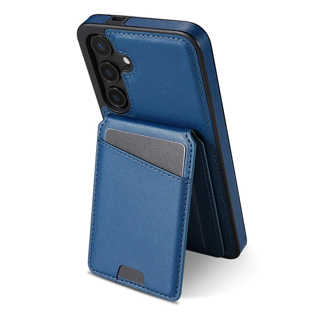 For Samsung Galaxy S24 Magnetic Case Detachable Card Holder Kickstand Leather Phone Back Cover - Blue - 2