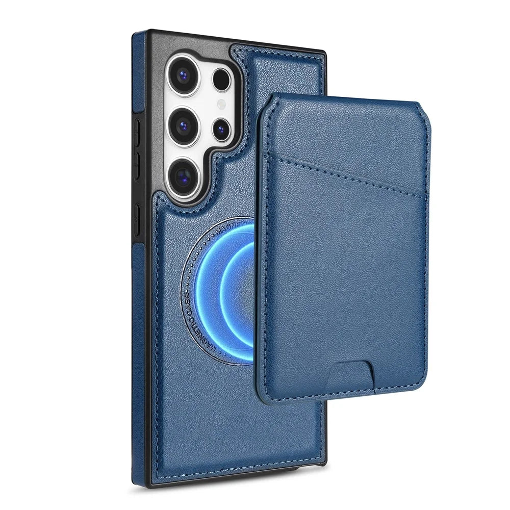 For Samsung Galaxy S24 Ultra Magnetic Case Detachable Card Holder Kickstand Leather Phone Back Cover - Blue - 1