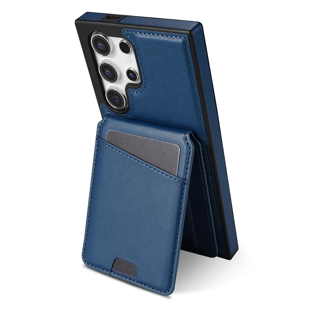 For Samsung Galaxy S24 Ultra Magnetic Case Detachable Card Holder Kickstand Leather Phone Back Cover - Blue - 2