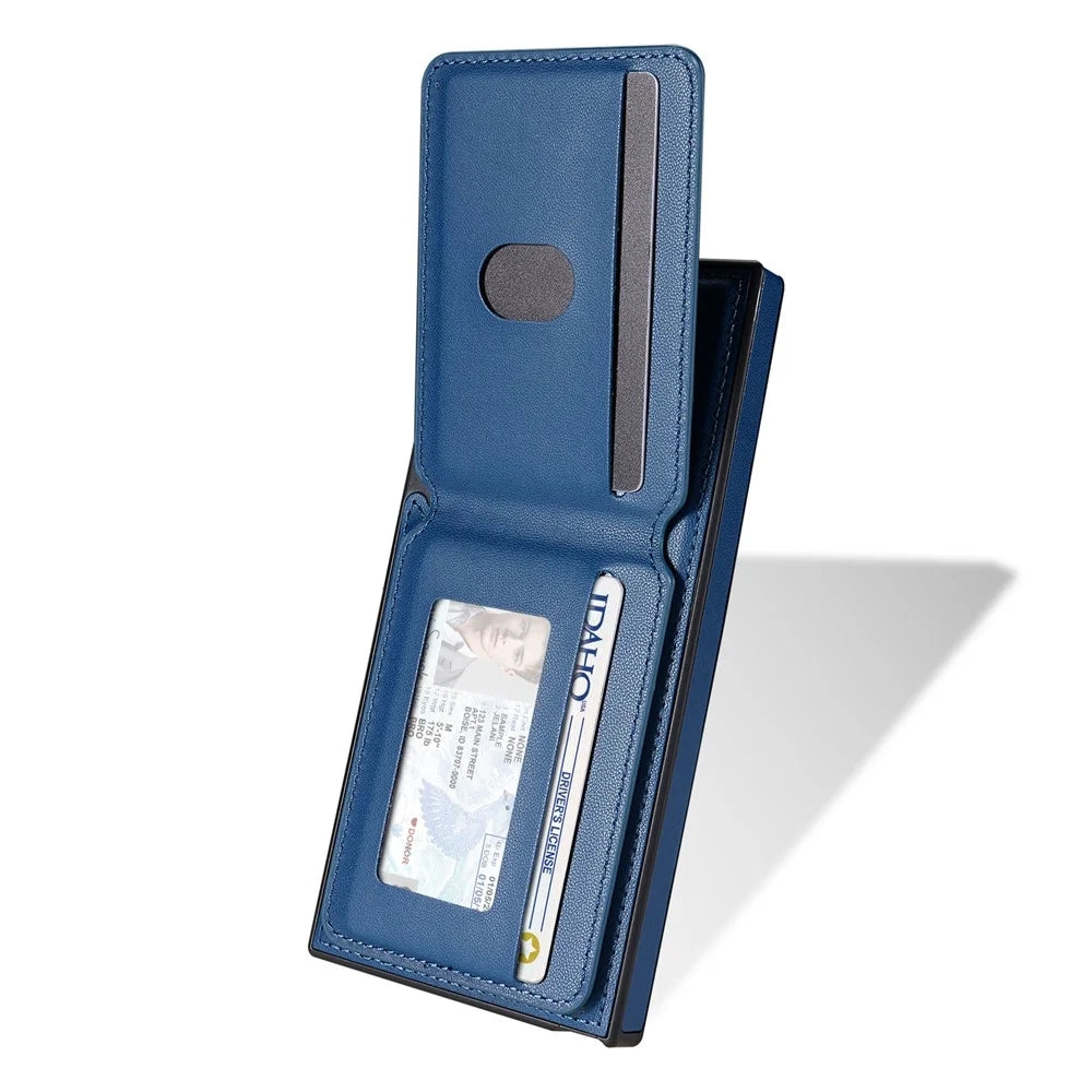 For Samsung Galaxy S24 Ultra Magnetic Case Detachable Card Holder Kickstand Leather Phone Back Cover - Blue - 3