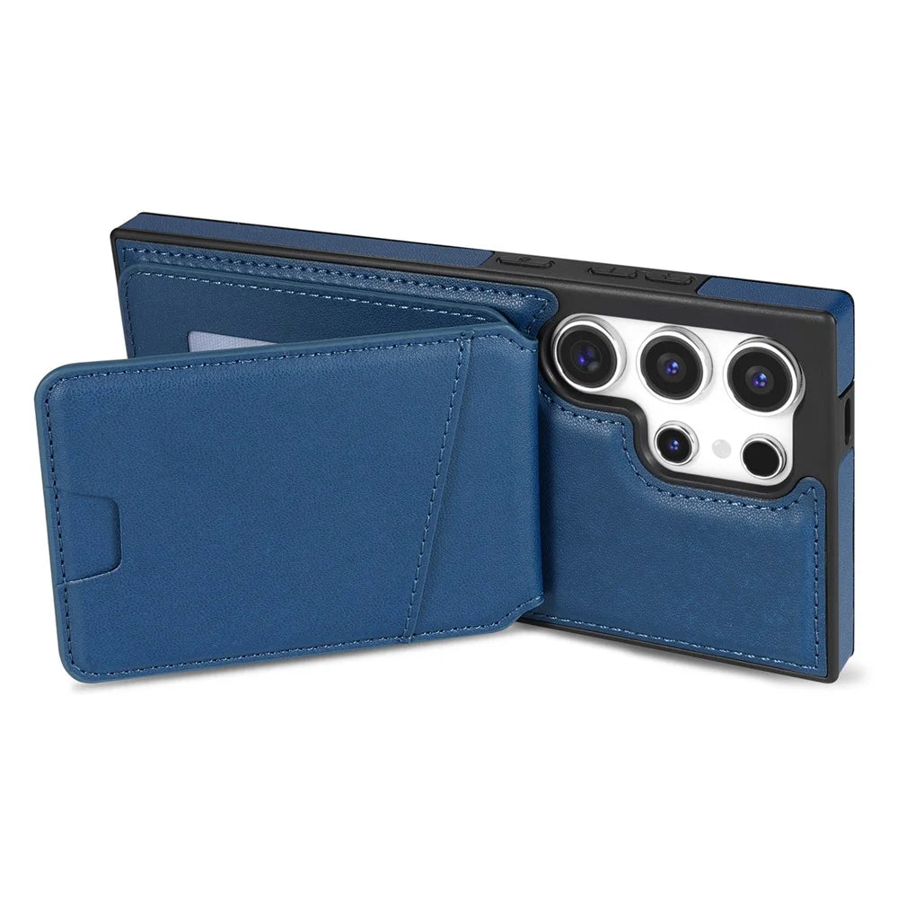 For Samsung Galaxy S24 Ultra Magnetic Case Detachable Card Holder Kickstand Leather Phone Back Cover - Blue - 5