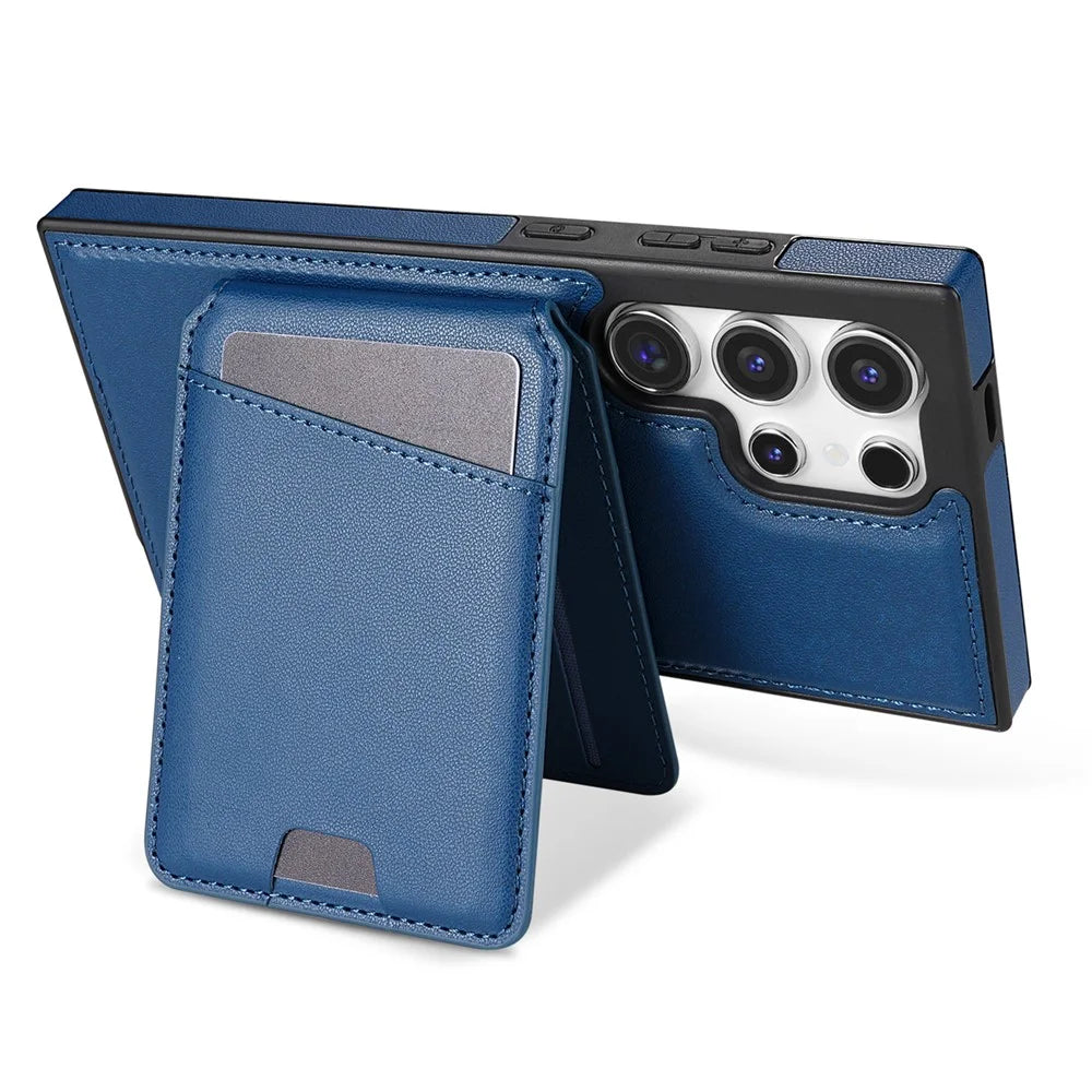 For Samsung Galaxy S24 Ultra Magnetic Case Detachable Card Holder Kickstand Leather Phone Back Cover - Blue - 6