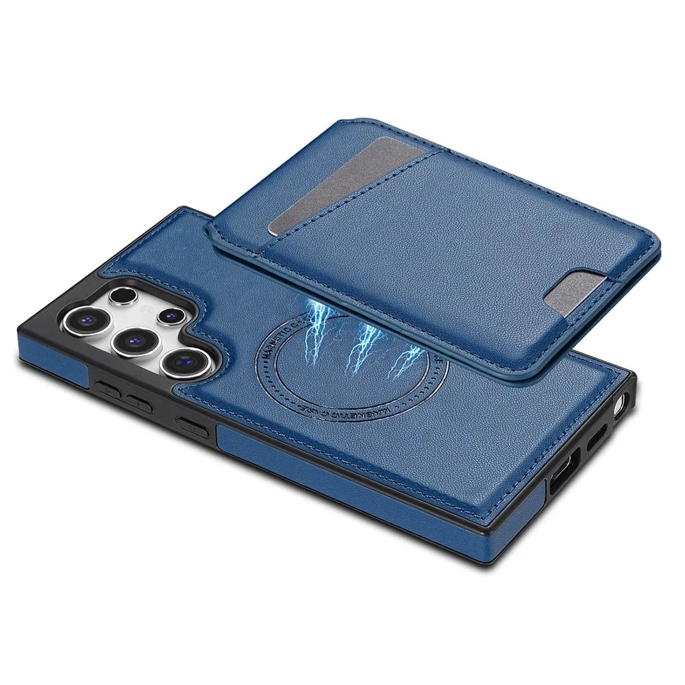 For Samsung Galaxy S24 Ultra Magnetic Case Detachable Card Holder Kickstand Leather Phone Back Cover - Blue - 7