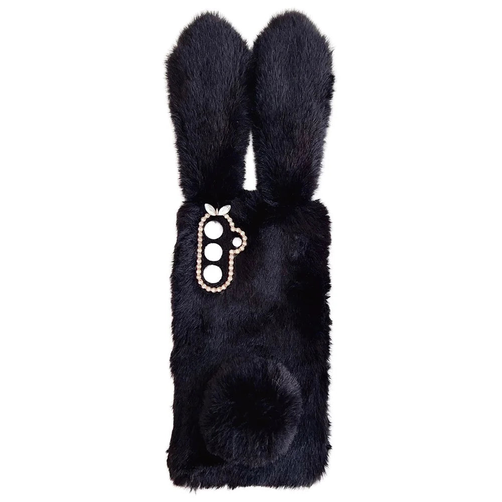 For Samsung Galaxy A36 5G Case Bunny Ears Furry Soft TPU Protective Phone Cover - Black - 1