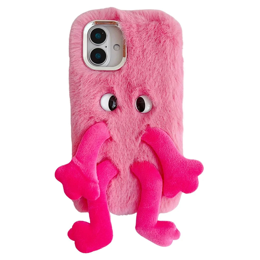 For iPhone 16 Plus Fluffy Phone Case Long Leg Expressive Eye TPU Mobile Cover - Rose - 1
