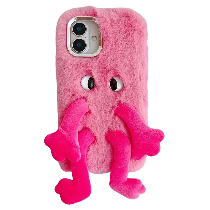 For iPhone 16 Plus Fluffy Phone Case Long Leg Expressive Eye TPU Mobile Cover - Rose - 1