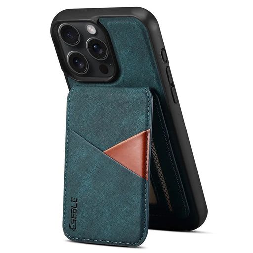 ESEBLE E2 For iPhone 15 Pro Magnetic Case RFID Blocking Retro Leather Back Cover with Detachable Card Holder - Green - 2
