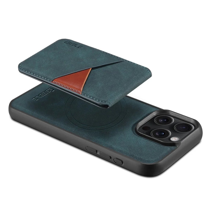 ESEBLE E2 For iPhone 15 Pro Magnetic Case RFID Blocking Retro Leather Back Cover with Detachable Card Holder - Green - 5