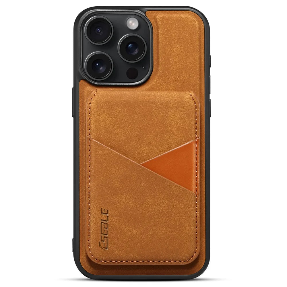 ESEBLE E2 For iPhone 16 Pro Max Magnetic Case RFID Blocking Retro Leather Back Cover with Detachable Card Holder - Yellow - 1