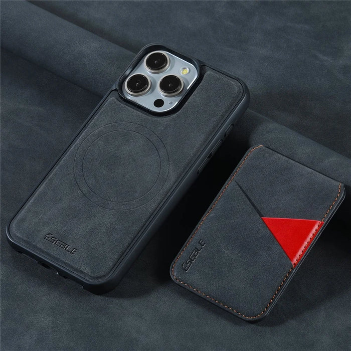 ESEBLE E2 For iPhone 16 Pro Magnetic Case RFID Blocking Retro Leather Back Cover with Detachable Card Holder - Black - 7