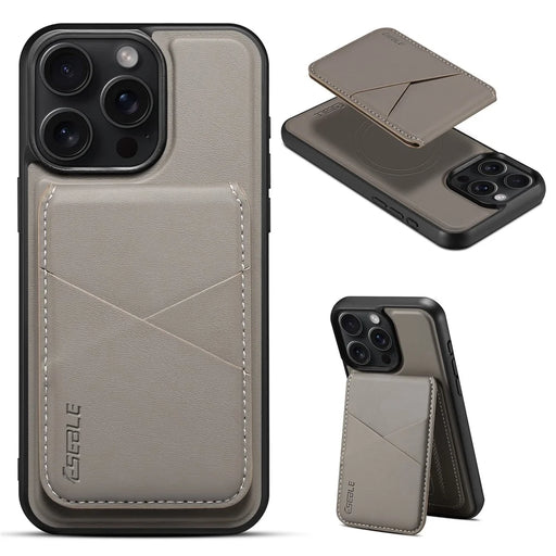 ESEBLE E3 For iPhone 15 Pro Magnetic Case with Detachable Card Holder Leather + TPU RFID Blocking Phone Cover - Grey - 1