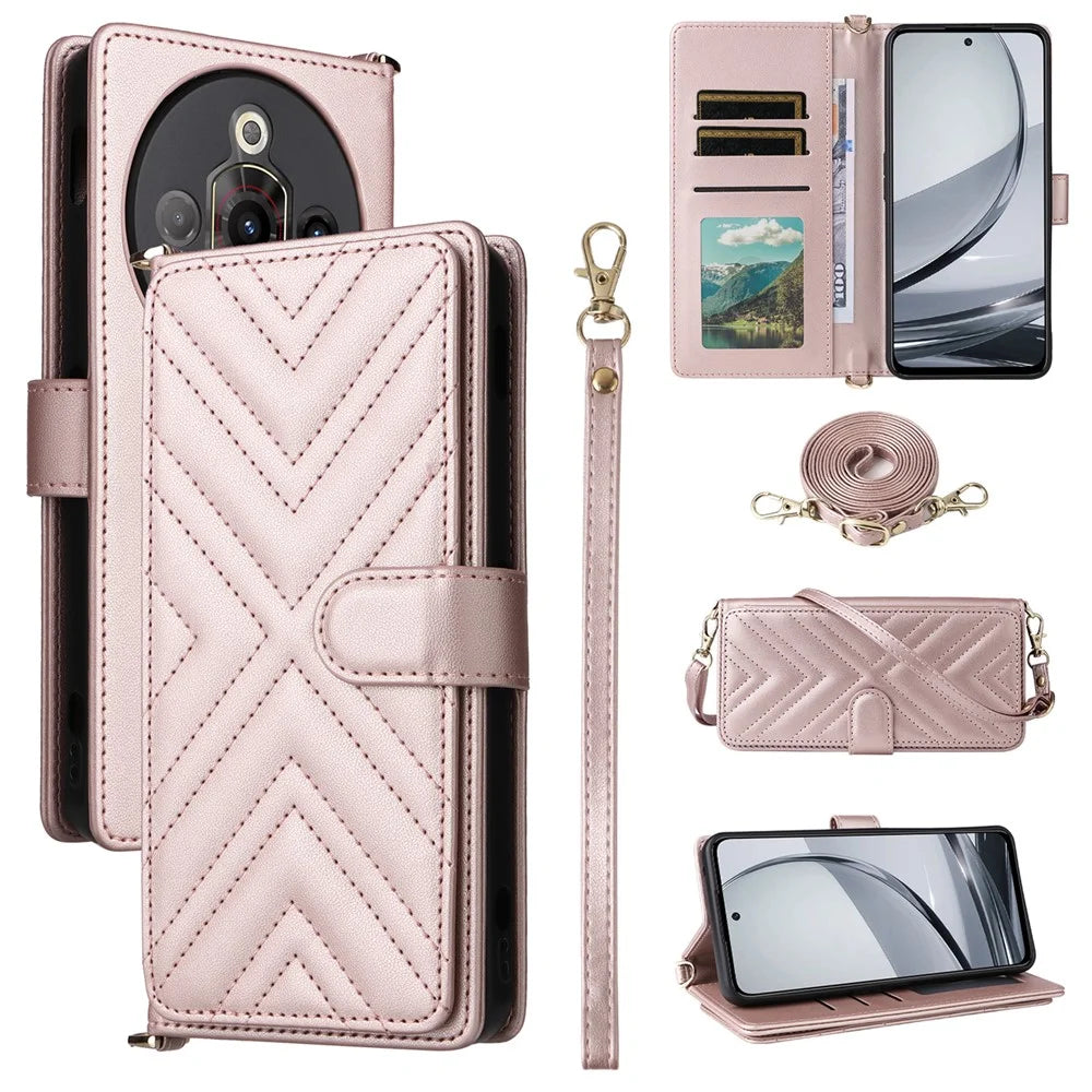 For ZTE nubia Focus Pro Wallet Case with Shoulder / Wrist Strap Leather Phone Cover Stand - Pink - 1