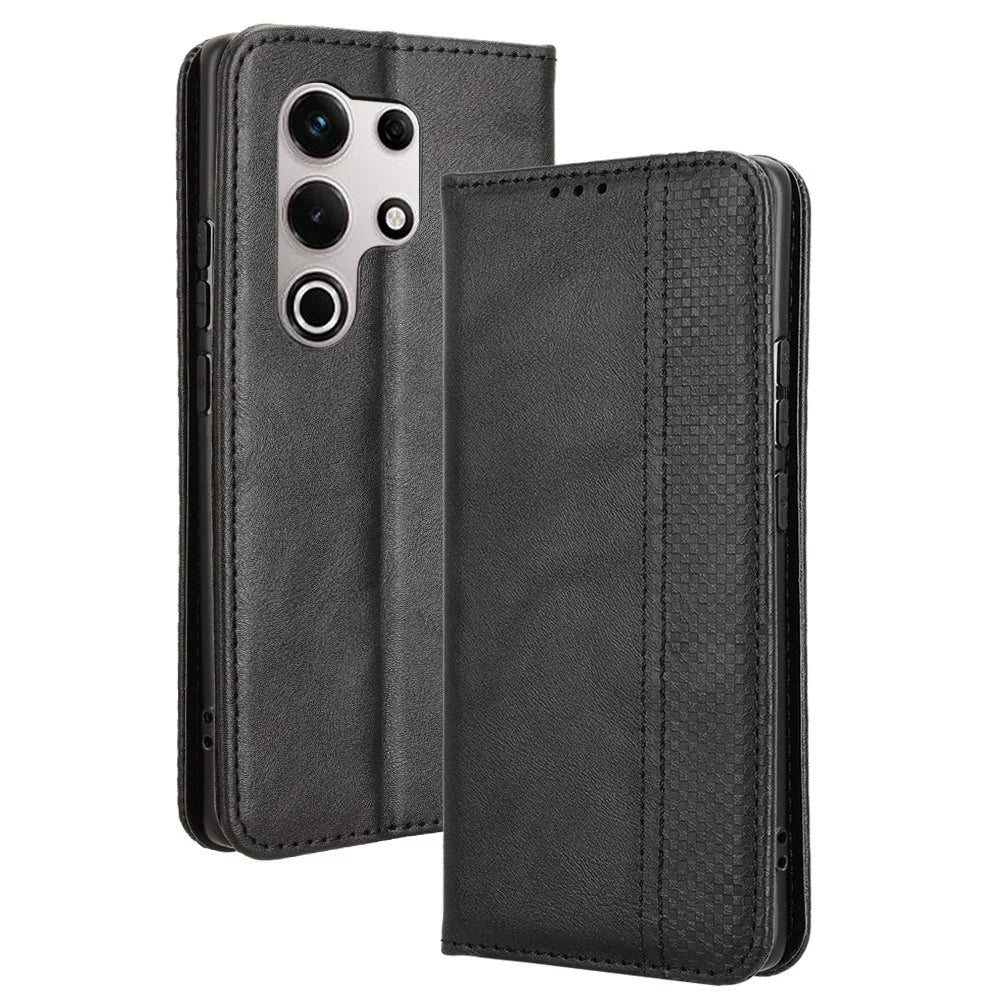 For itel S25 Ultra Leather Case Wallet Stand Retro Texture Phone Cover - Black - 1