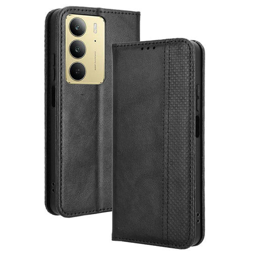 For Realme 14x 5G / C75 4G / V60 Pro 5G Leather Case Wallet Stand Retro Texture Phone Cover - Black - 1