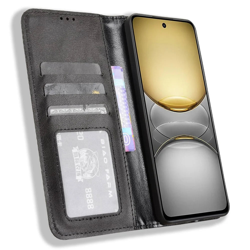 For Realme 14x 5G / C75 4G / V60 Pro 5G Leather Case Wallet Stand Retro Texture Phone Cover - Black - 2