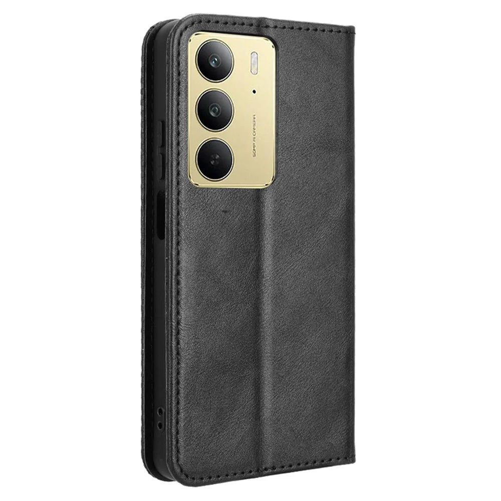 For Realme 14x 5G / C75 4G / V60 Pro 5G Leather Case Wallet Stand Retro Texture Phone Cover - Black - 7