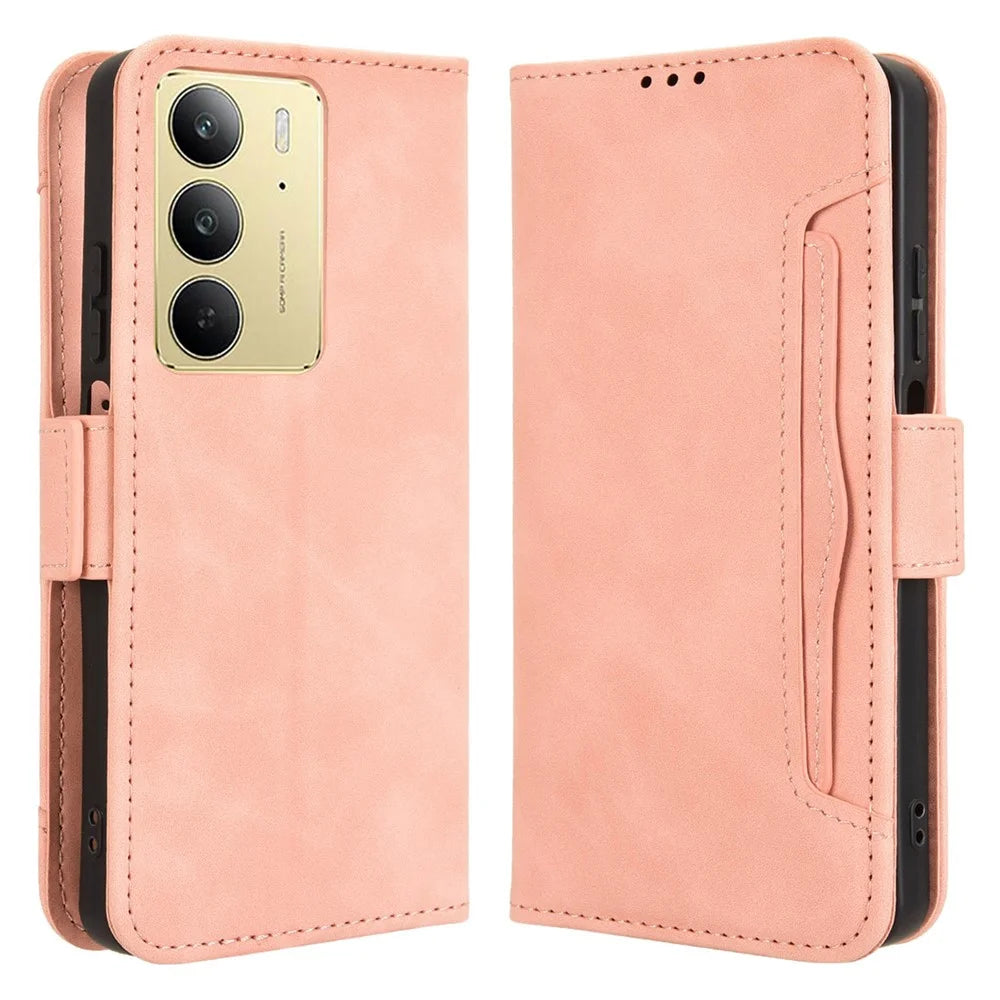 For Realme 14x 5G / C75 4G / V60 Pro 5G Leather Case Phone Wallet Cover with Multiple Card Slots - Pink - 1