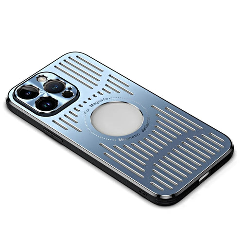 For iPhone 12 Pro Max Magnetic Case Back Hollow Heat Dissipation TPU+Metal Phone Cover - Blue - 1