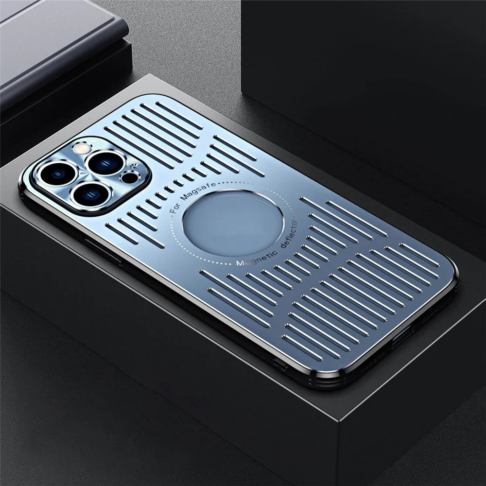 For iPhone 12 Pro Max Magnetic Case Back Hollow Heat Dissipation TPU+Metal Phone Cover - Blue - 2