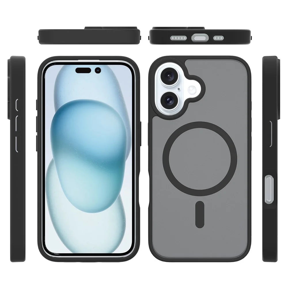 For iPhone 16 Plus Compatible with MagSafe TPU Frame Acrylic Back Phone Cover Skin Touch - Black - 6
