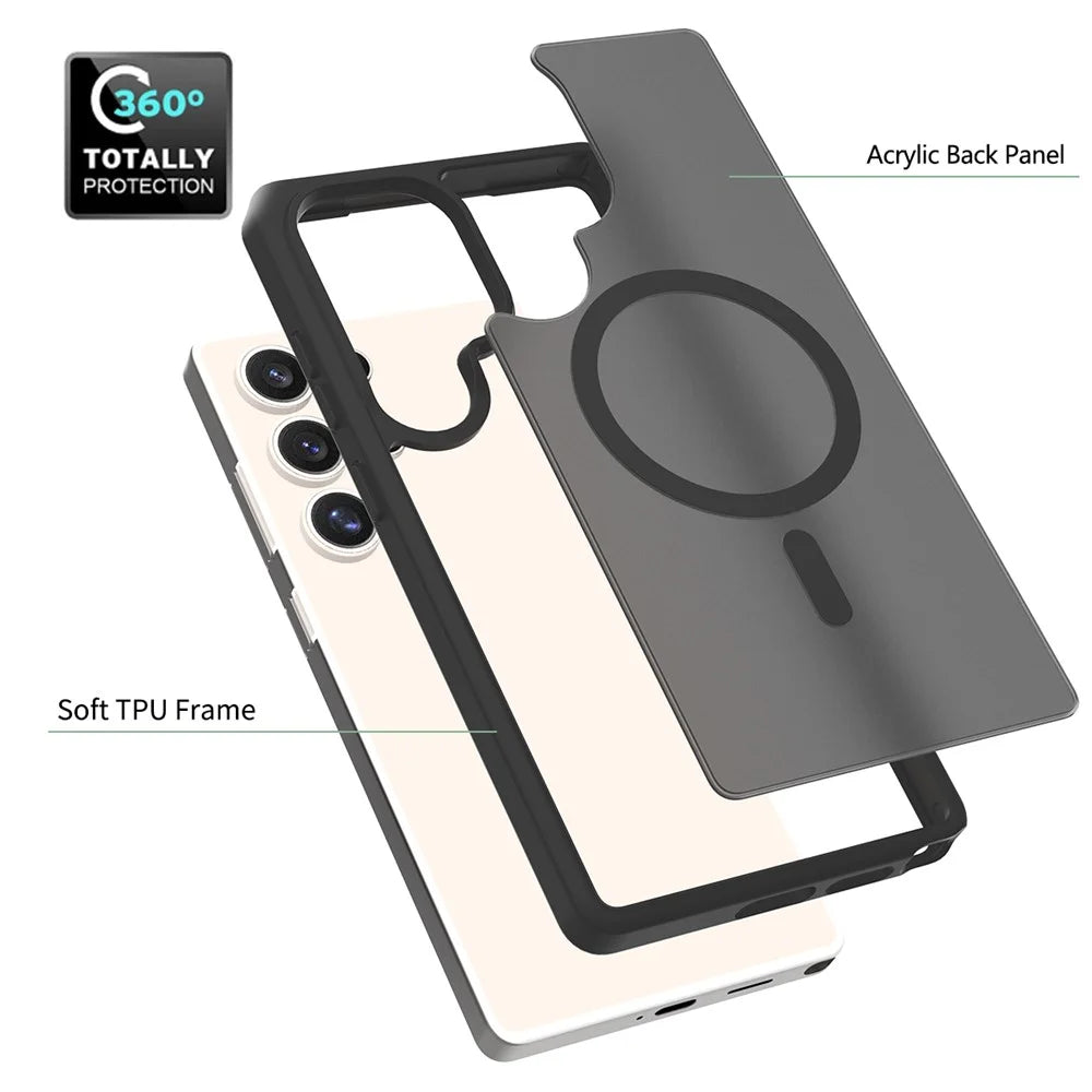 For Samsung Galaxy S25 Ultra Magnetic Case TPU Frame Acrylic Back Phone Cover Skin Touch - Black - 5
