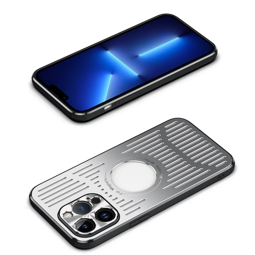 For iPhone 13 Pro Magnetic Case Back Hollow Heat Dissipation TPU+Metal Phone Protector - Blue - 5