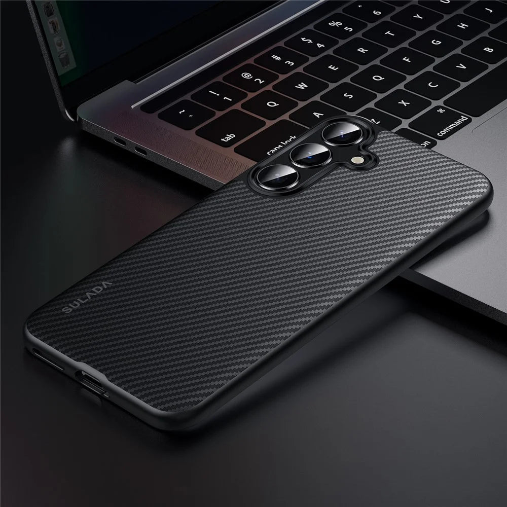 SULADA For Samsung Galaxy S25+ Magnetic Case Metal Lens Frame PU+TPU Phone Cover - Black - 1