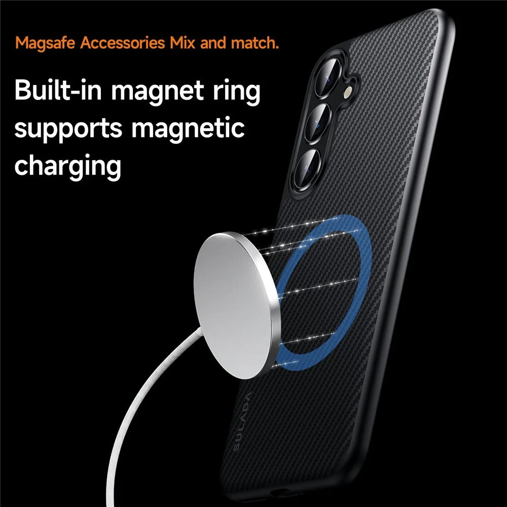 SULADA For Samsung Galaxy S25+ Magnetic Case Metal Lens Frame PU+TPU Phone Cover - Black - 3
