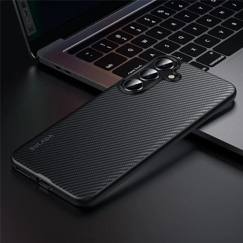 SULADA For Samsung Galaxy S25 Magnetic Case Metal Lens Frame PU+TPU Phone Cover  - Black - 1