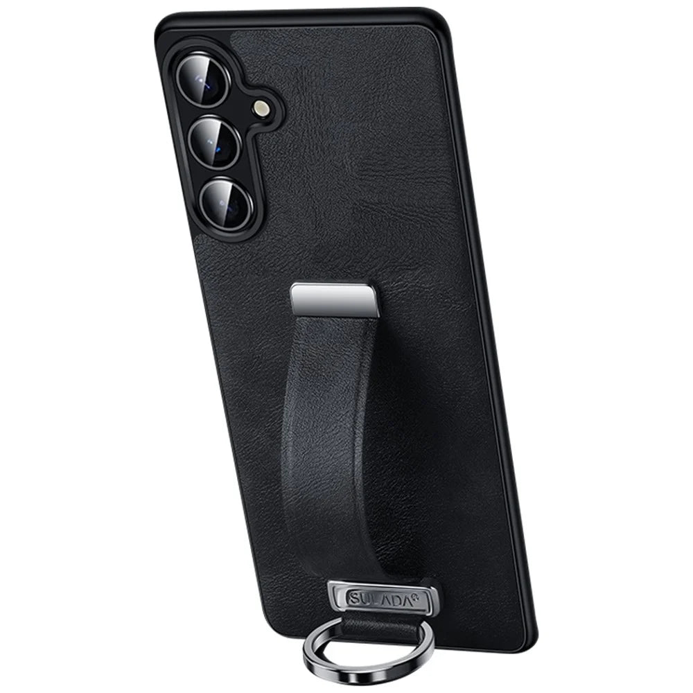 SULADA Fashion Series for Samsung Galaxy S25 Case Wristband Kickstand Leather Back Phone Cover - Black - 1