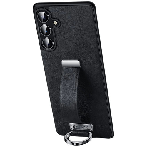 SULADA Fashion Series for Samsung Galaxy S25 Case Wristband Kickstand Leather Back Phone Cover - Black - 1