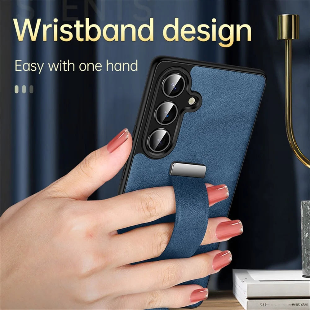 SULADA Fashion Series for Samsung Galaxy S25 Case Wristband Kickstand Leather Back Phone Cover - Black - 3