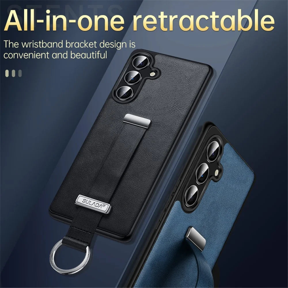SULADA Fashion Series for Samsung Galaxy S25 Case Wristband Kickstand Leather Back Phone Cover - Black - 6