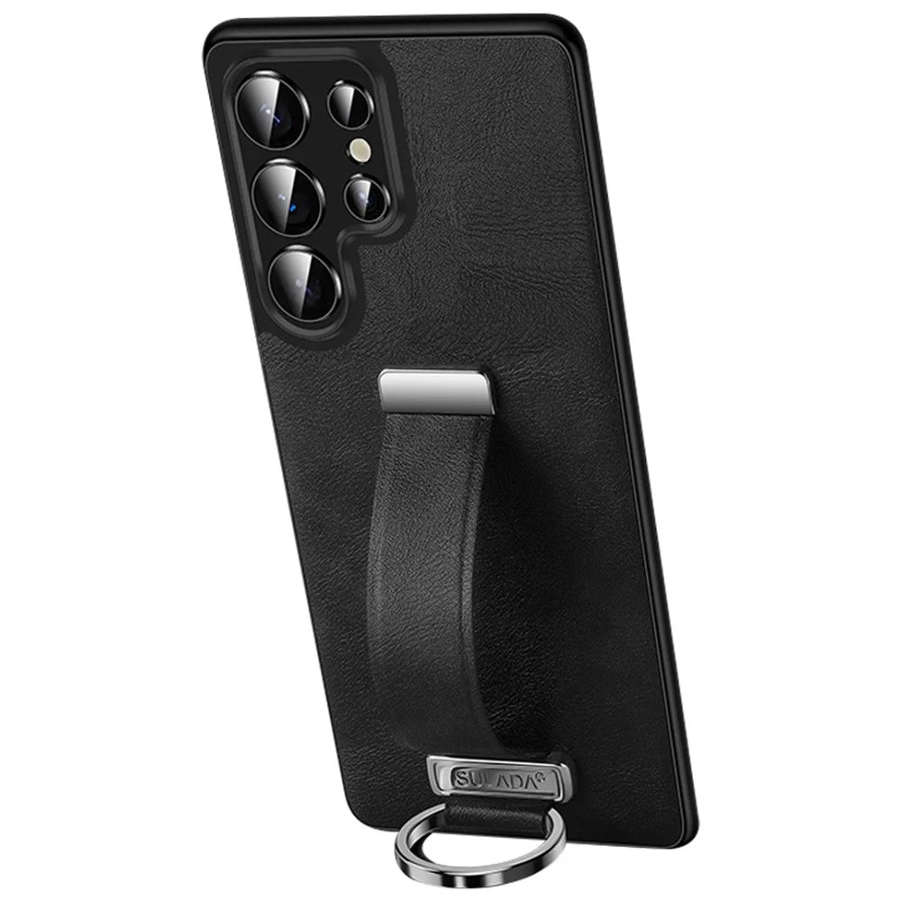 SULADA Fashion Series for Samsung Galaxy S25 Ultra Case Wristband Kickstand Leather Back Phone Cover - Black - 1