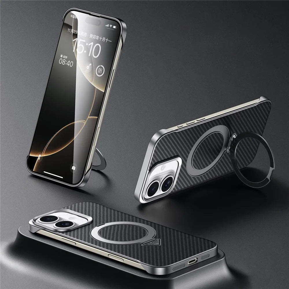 SULADA For iPhone 16 Plus Case Compatible with MagSafe Kickstand PU + PC Phone Cover Carbon Fiber Texture - Black - 1
