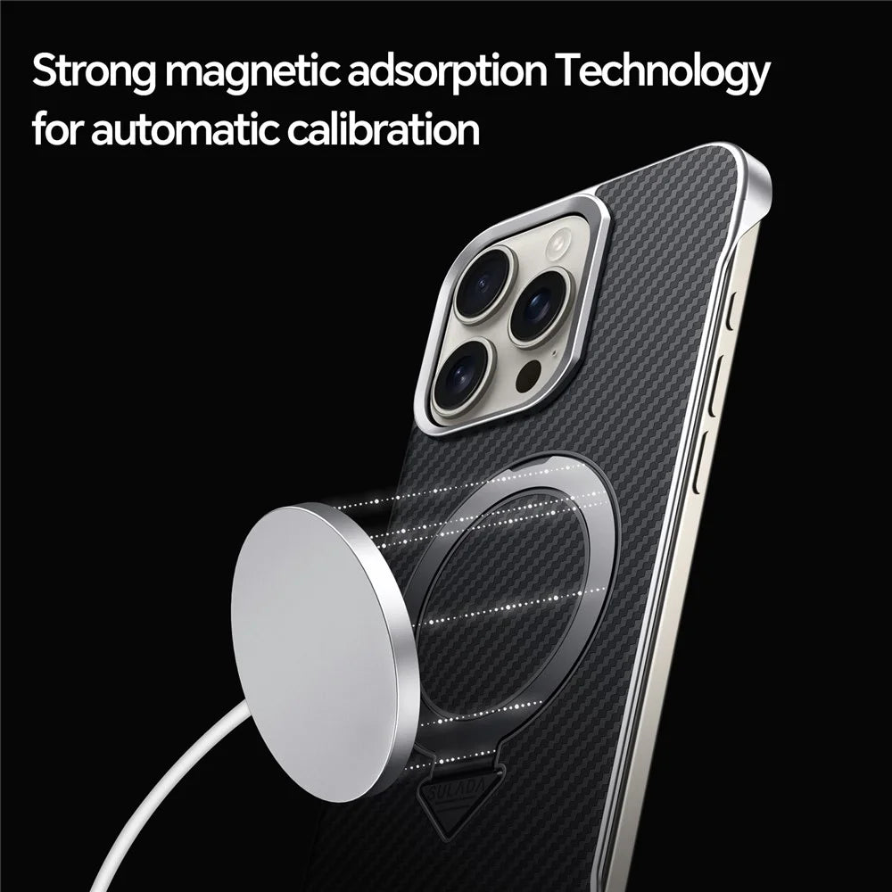 SULADA For iPhone 16 Pro Case Compatible with MagSafe Kickstand PU + PC Phone Cover Carbon Fiber Texture - Black - 4