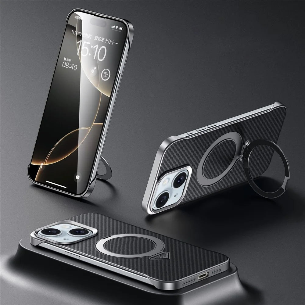 SULADA For iPhone 15 Case Compatible with MagSafe Kickstand PU + PC Phone Cover Carbon Fiber Texture - Black - 1