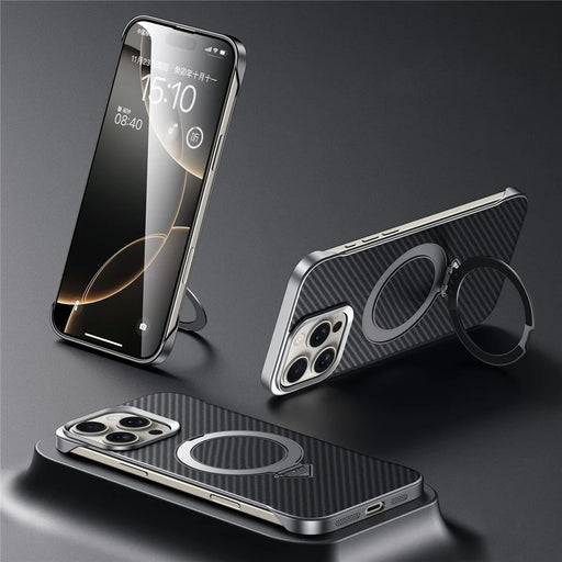 SULADA For iPhone 15 Pro Max Case Compatible with MagSafe Kickstand PU + PC Phone Cover Carbon Fiber Texture - Black - 1