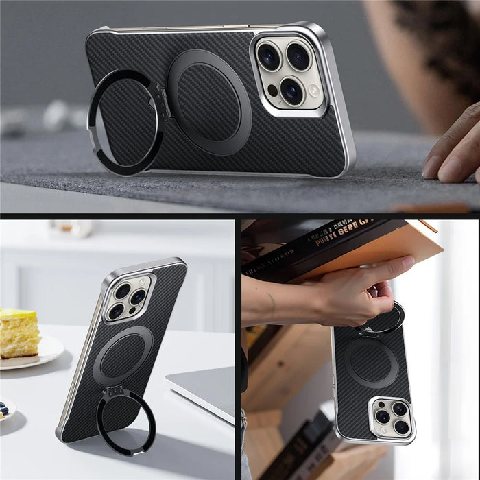 SULADA For iPhone 15 Pro Max Case Compatible with MagSafe Kickstand PU + PC Phone Cover Carbon Fiber Texture - Black - 3