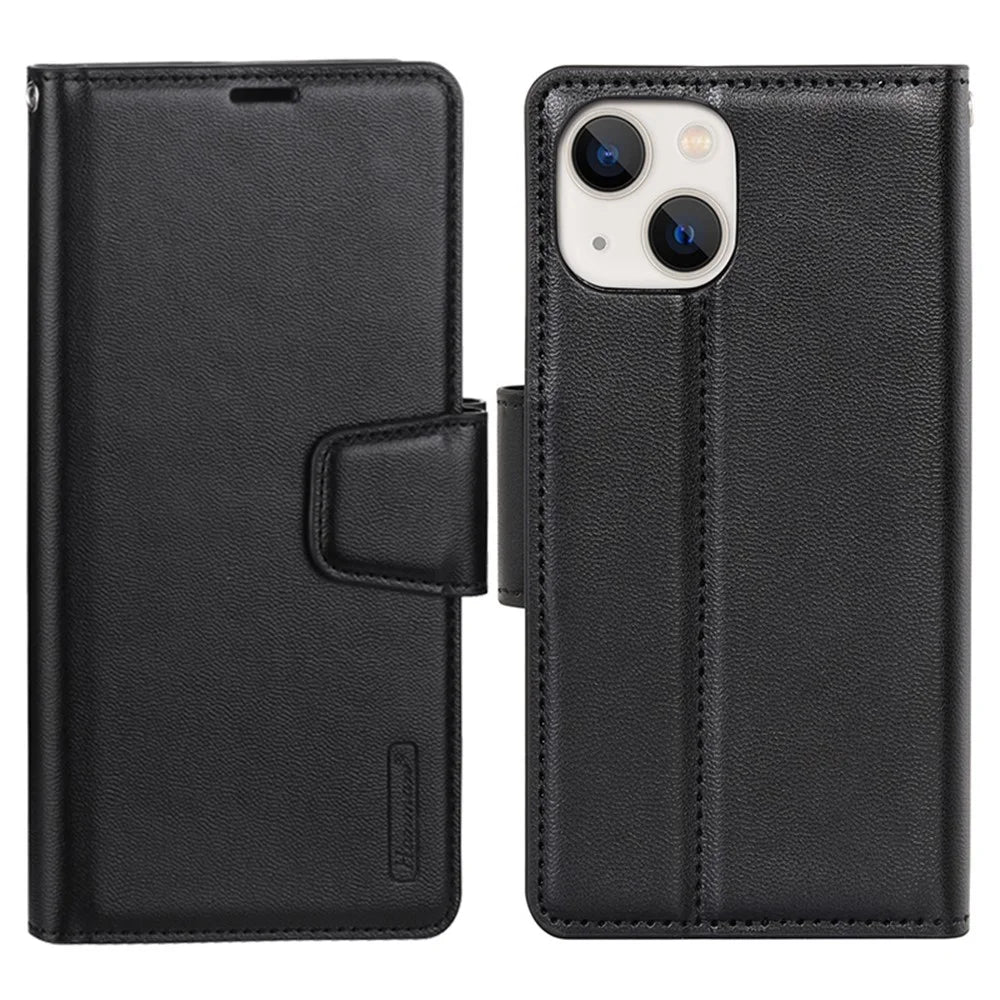 HANMAN Mill Series for iPhone 14 PU Leather Flip Folio Case Wallet Magnetic Closure Stand Shockproof Phone Cover - Black - 1