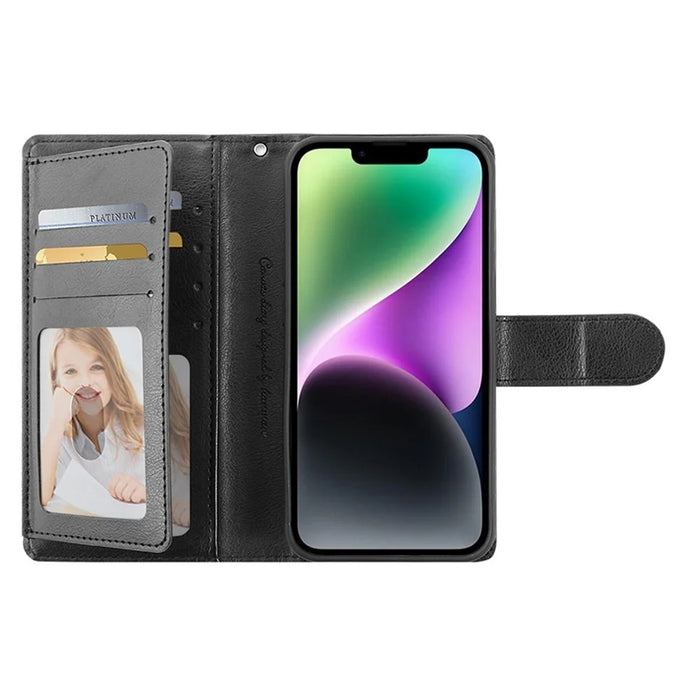 HANMAN Mill Series for iPhone 14 PU Leather Flip Folio Case Wallet Magnetic Closure Stand Shockproof Phone Cover - Black - 2
