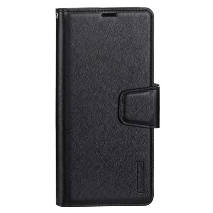 HANMAN Mill Series for iPhone 14 PU Leather Flip Folio Case Wallet Magnetic Closure Stand Shockproof Phone Cover - Black - 6